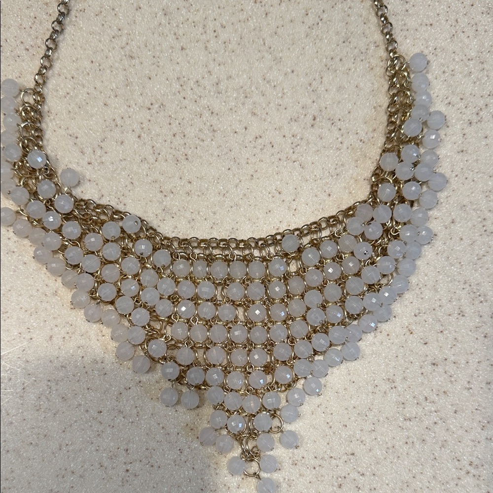 Graziano White Beaded Bib Statement Necklace Gold Tone